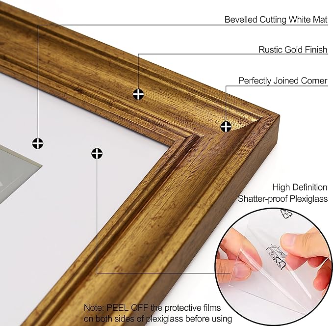 Yaetm 20x24 Gold Picture Frame Matted to 16x20 Set of 2, 1.4” Wide Molding & Rustic Gold Frames for Wall Gallery, Home and Office, Wall Mounting, 2 Pack