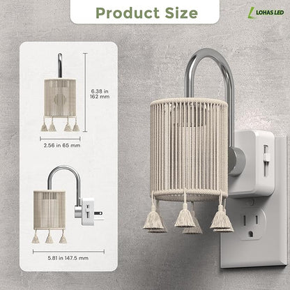 L LOHAS LED Night Lights Plug into Wall, 2 Pack Boho Fabric Cylinder Night Light with Tassel, 0-100LM Dimmable Night Lights, Dusk to Dawn Sensor, Vintage Nightlight for Bedroom, Living Room, Hallway