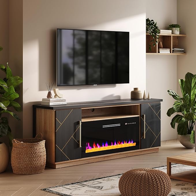 BELLEZE 68“ Fireplace TV Stand for TV's Up to 75", Elegant Entertainment Center with 36" Electric Fireplace Heater, Storage Media Console with Drawers & Open Shelves for Living Room (Espresso Black)