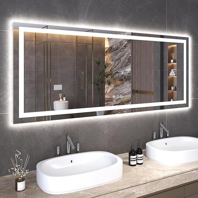 Snowdool 60"X24" LED Bathroom Mirror with Front Lights and Backlit, Anti-Fog, Dimmable, Shatter-Proof Tempered Glass, Lighted Bathroom Vanity Mirror for Wall with 3 Colors, Memory Function