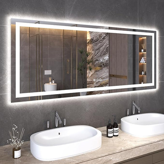 Snowdool 60"X24" LED Bathroom Mirror with Front Lights and Backlit, Anti-Fog, Dimmable, Shatter-Proof Tempered Glass, Lighted Bathroom Vanity Mirror for Wall with 3 Colors, Memory Function