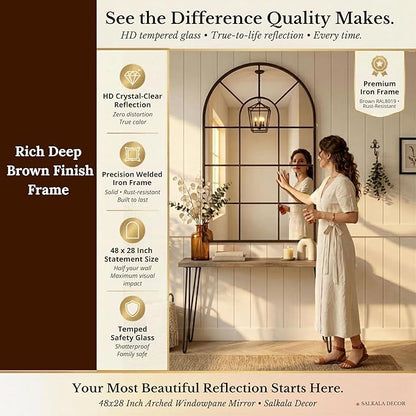 Brown Framed 48x28Inch Arched Window Pane Mirror| Arched Mirrors for Wall & Floor | Arch Mirror Full Length for Entryway Living Room & Bedroom | Oversized Mirrors | Wall Art Decorative |Farmhouse