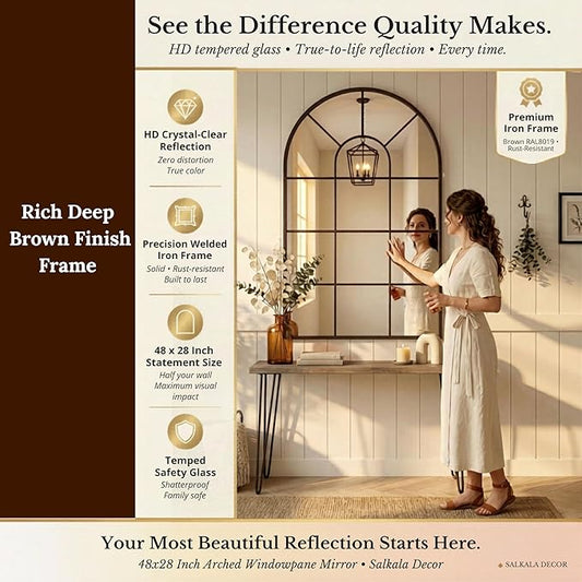 Brown Framed 48x28Inch Arched Window Pane Mirror| Arched Mirrors for Wall & Floor | Arch Mirror Full Length for Entryway Living Room & Bedroom | Oversized Mirrors | Wall Art Decorative |Farmhouse