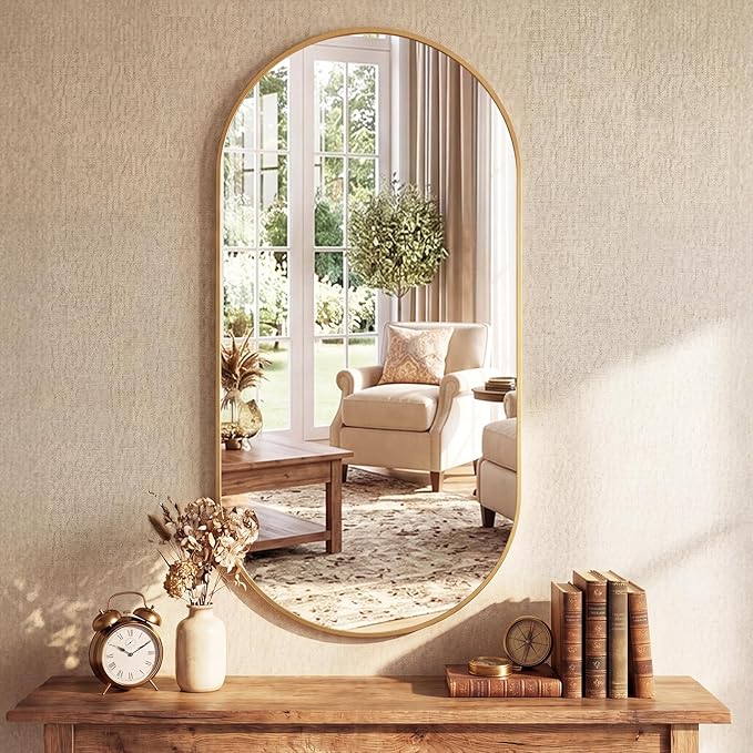 NEWBULIG 24" x 48" Oval Bathroom Mirror, Gold Wall Mirror with Metal Frame, Tempered Glass, Morden Vanity Mirror for Over Sink, Entryway, Living Room, Bedroom, Horizontal or Vertical