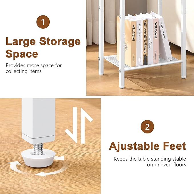 Hoctieon 3 Tier End Table, Telephone Table, Narrow Side Table with Storage, Nightstand for Small Spaces, Metal Frame, for Living Room, Bedroom, Sofa Couch, Hall, Easy Assembly, White and Yellow Oak