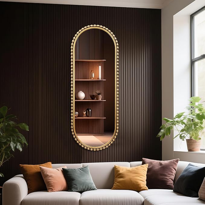 20"x53" Long Oval Full Length Wall Mounted Mirror, Antique Gold Beaded Metal Frame Large Decorative Wall Mirror, Vertical or Horizontal Hanging Tall Entryway Bedroom Living Room