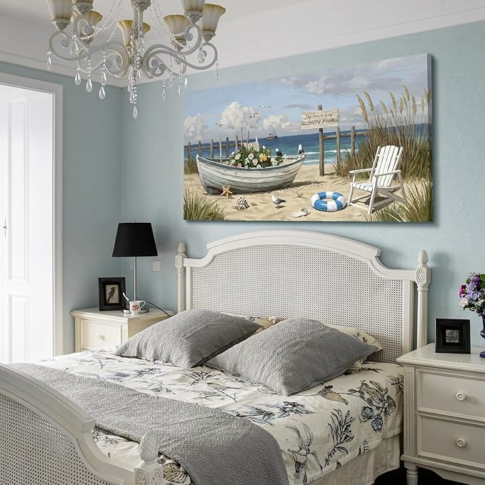 Extra Large Coastal Living Room Wall Art, Featuring A Printed Seaside Landscape, Boats, Beach Chairs, Seagulls, And Natural Wall Decor. A Modern Coastal Artwork For Bedrooms, Dining Rooms, Entryways, And Lounges. 58X29 Inches.