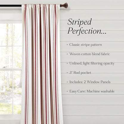 Lush Decor Farmhouse Stripe Yarn Dyed Eco-Friendly Recycled Cotton Window Curtain Panel Pair, 42" W x 63" L, Red - Classic Modern Rustic Charm - Eco Friendly Cotton Fabric