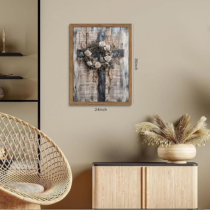 Wood Framed Vintage Cross Christian Wall Art, White Rose Wreath Canvas Paintings Prints Posters Wall Decor, Retro Religious Music Score Church Decor Suitable for Study Prayer Room 36x24 inch