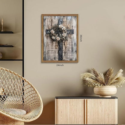 Wood Framed Vintage Cross Christian Wall Art, White Rose Wreath Canvas Paintings Prints Posters Wall Decor, Retro Religious Music Score Church Decor Suitable for Study Prayer Room 36x24 inch
