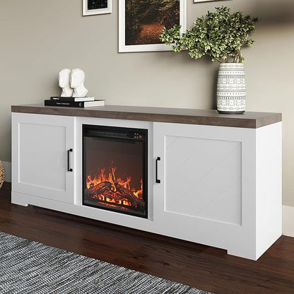BELLEZE Modern 58" Farmhouse TV Stand with 18" Electric Fireplace Heater & Media Entertainment Center for TV up to 65", Console Table with Storage Cabinets - Hilo (White)