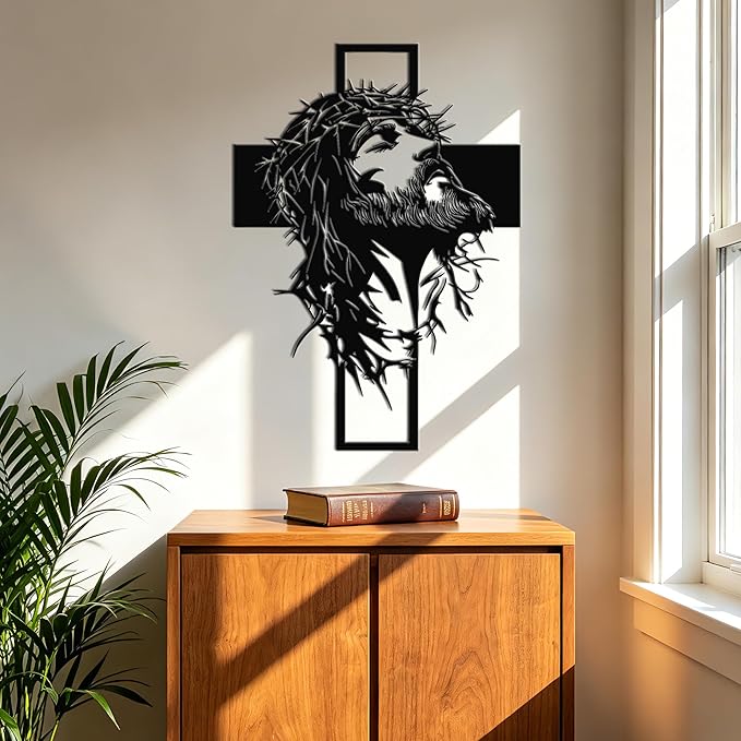 Slickss Large Jesus Wall Art, Metal Cross Wall Decor with Jesus Figure, 23.6x16.7 Inch Religious Wall Hanging, Christian Home Decor for Living Room, Office, Bedroom