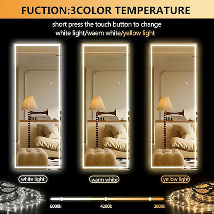 Hasipu Full Length Mirror with Lights, 56" x 18" LED Lighted Floor Standing, Full Body Dressing Hanging Mounted Mirror, Tempered Glass, Square White