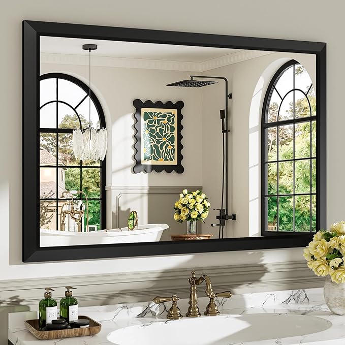 48x32 Inch Black Bathroom Mirror for Wall, Beveled Framed Rectangle Bathroom Vanity Mirrors for Over Sink, Bedroom, Living Room, Entryway, Anti-Rust, HD Tempered Glass, Horizontally/Vertically