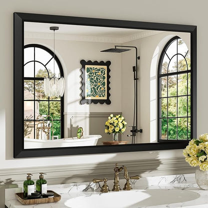 48x32 Inch Black Bathroom Mirror for Wall, Beveled Framed Rectangle Bathroom Vanity Mirrors for Over Sink, Bedroom, Living Room, Entryway, Anti-Rust, HD Tempered Glass, Horizontally/Vertically
