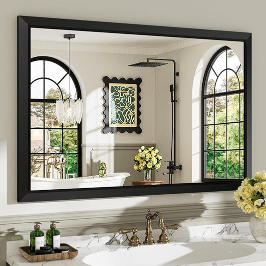 48x32 Inch Black Bathroom Mirror for Wall, Beveled Framed Rectangle Bathroom Vanity Mirrors for Over Sink, Bedroom, Living Room, Entryway, Anti-Rust, HD Tempered Glass, Horizontally/Vertically