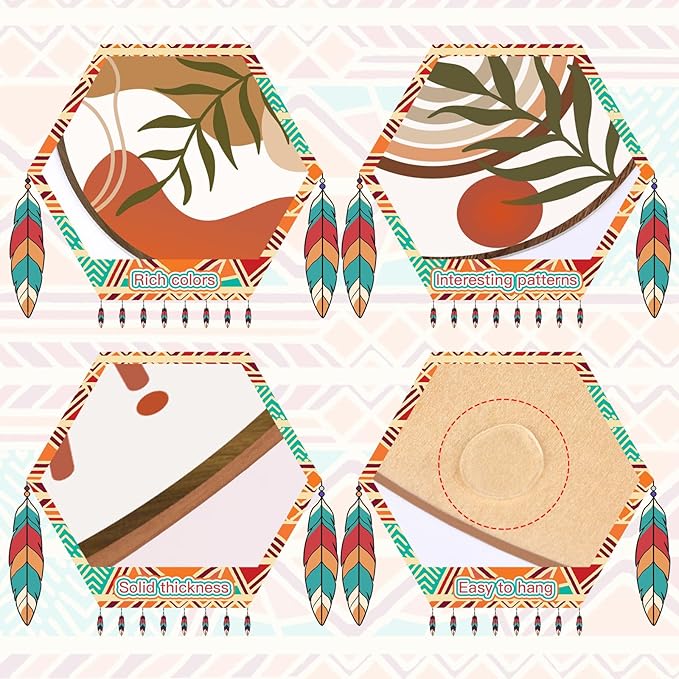 Zzbakress 5 Pcs Boho Wall Decor Farmhouse Wooden Round Bathroom Decor Vintage Boho Wall Decor Modern Aesthetic Minimalist Wooden Wall Art for Bedroom Office (Fresh, 5)