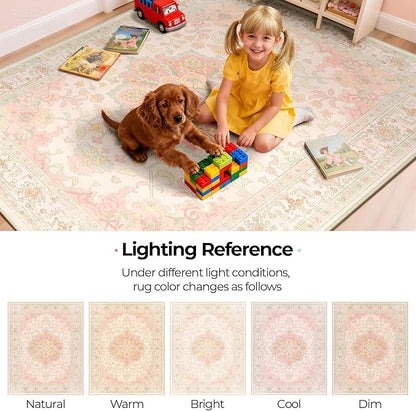 CAPALOCA Machine Washable Rugs Nursery Rug 9x12 Cute Girl Non Slip Low Pile Water Repellent Soft Print Pattern for Bedroom Indoor Decor Kids Playroom Pink Green