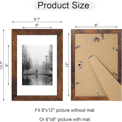 iRahmen 8x12 Picture Frame with Mat 6x8 - High Definition Real Glass Wooden Photo Frames for Tabletop Display and Wall Mounting (Dark Brown, Set of 2)