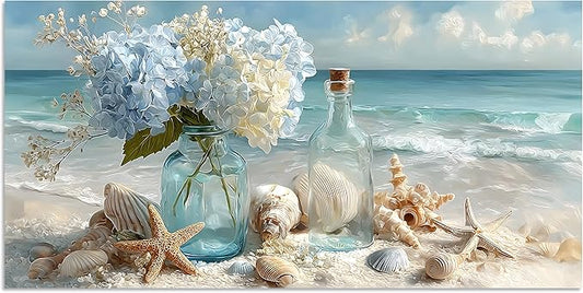 TutuBeer 1 Panel Blue Ocean Beach Bathroom Canvas Wall Art Seaside Seashell Painting Print Artwork Starfish with White Flower Coastal Bathroom Canvas Wall Art for Living Room Bedroom Bathroom 12"x24"
