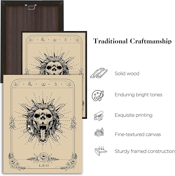 SERIMINO Witchy Framed Wall Art, Leo Tarot Canvas Prints Paintings, Horoscope Dark Academia Home Decor Aesthetic, 12X16inch Gothic Wall Decor for Room
