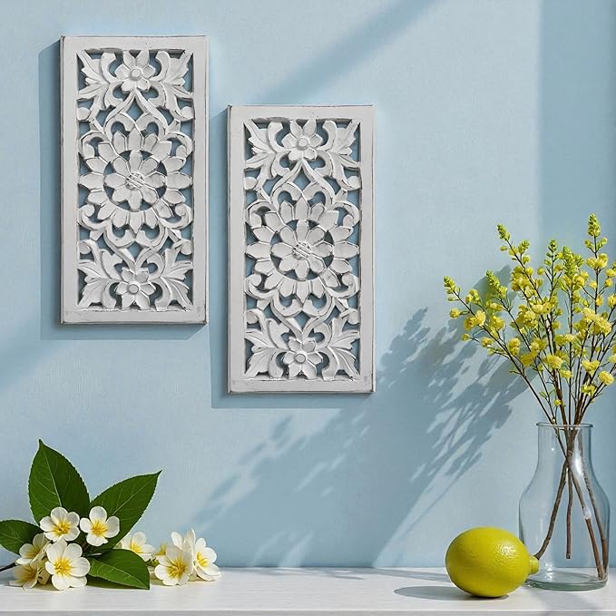 Wood Wall Art - Wall Panels in Handcrafted Carved Wood For Livingroom Bedroom,Dining room,Elegant Decorative Wall Art for Home & Office 8x16" Set of 2 White Antique_Flowers Designs