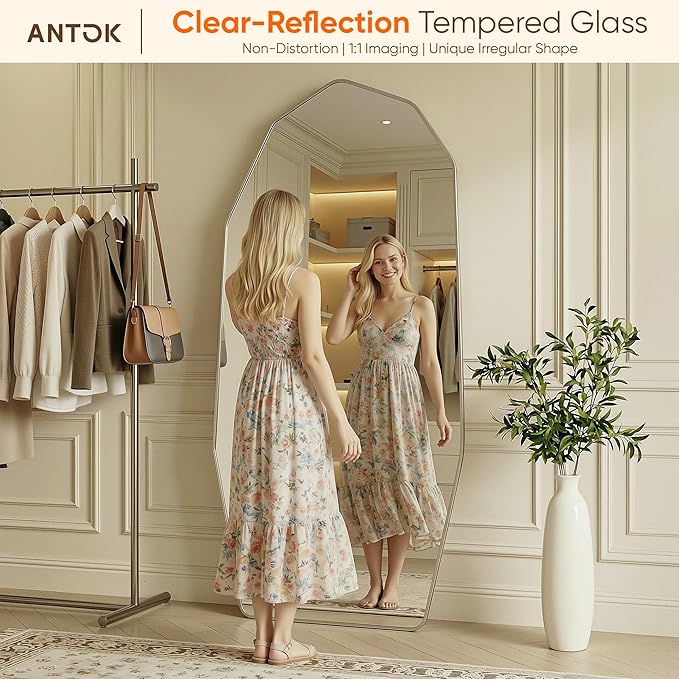Antok Full Length Mirror, 76"x34" Floor Mirror, Free Standing Wall Mounted or Leaning Full Body Mirror with Aluminum Alloy Frame, Diamond Irregular for Bedroom Entryway Cloakroom, Silver