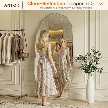 Antok Full Length Mirror, 76"x34" Floor Mirror, Free Standing Wall Mounted or Leaning Full Body Mirror with Aluminum Alloy Frame, Diamond Irregular for Bedroom Entryway Cloakroom, Silver