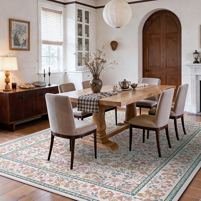 AMADA HOMEFURNISHING 5x7 Area Rug, Washable Living Room Rug with Non-Slip Backing, Low Pile and Durable Edge Binding, Vintage Soft Floral Rugs for Living Room, Bedroom, Dining Room
