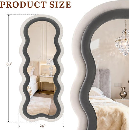 Wavy Full Length Mirror, 63"×24" Full Body Mirror with Stand, Irregular Flannel Floor Mirror Hanging or Leaning Wall for Living Room/Bedroom/Dressing Room/Dorm,Ideal for Mom