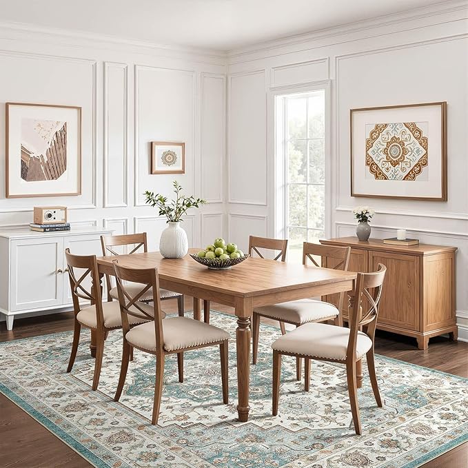 6x8 Area Rug Living Room: Washable Boho Large Neutral Vintage Soft Rug Stain Resistant Farmhouse Non-Slip Indoor Floor Carpet for Bedroom Nursery Kids Playroom Office Dining Room Home- Teal Brown