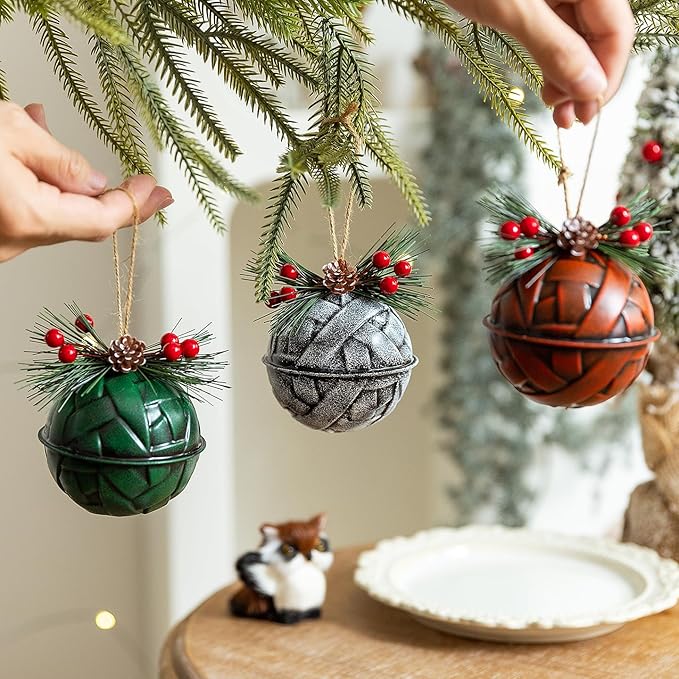Christmas Bells, Christmas Jingle Bell Decorations with Pinecones and Berries Festive Decor with Real Bell Sound - Holiday Decor for Christmas Tree, Wreath, 3 Pack (White, Red & Green)