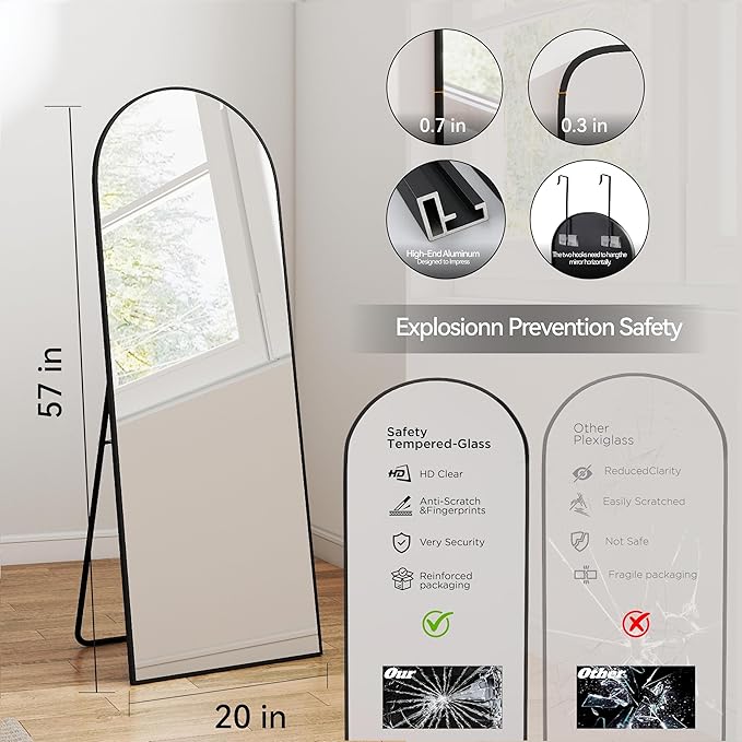 SCWF-GZ 57x20 Door Hanging Full Length Mirror, Floor (Height 5.7ft just Body in1.3ft) or Wall Mounted Metal Frame Arch Dressing Mirrors for Bedroom Bathroom Living Room 57 20 inch Black