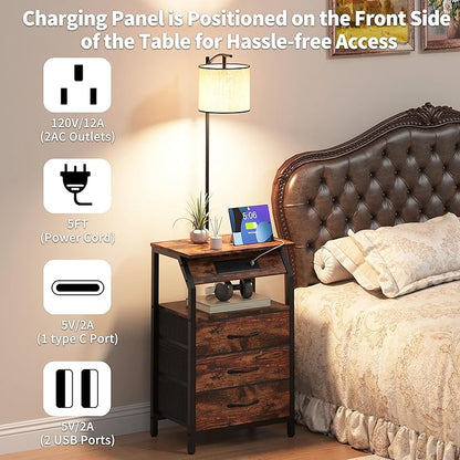 End Table with Floor Lamp Set of 2, Nightstand with Charging Station, Floor Lamp Table with 3-Color Temperature Bulb, Bedside Table Night Stand with 3 Drawers for Bedroom, Living Room, Retro