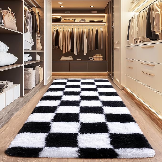 Fluffy Area Rugs for Living Room, Shaggy Carpets for Living Room, Upgrade Anti-Slip Fuzzy Rugs for Kids' Room, Perfect Decor for Modern Home Black White Grid 2x6 Ft