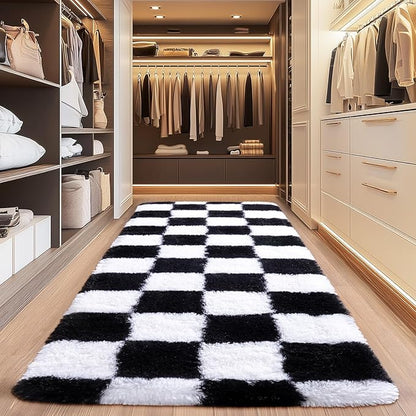 Fluffy Area Rugs for Living Room, Shaggy Carpets for Living Room, Upgrade Anti-Slip Fuzzy Rugs for Kids' Room, Perfect Decor for Modern Home Black White Grid 2x6 Ft