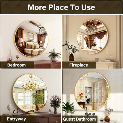 XRAMFY 24 Inch Round Mirror - Circle Mirrors for Bathroom, Entryway and Living Room Wall Decor, Modern Hanging Vanity Mirror, Matte Gold Circle Decorative Wall Mirror