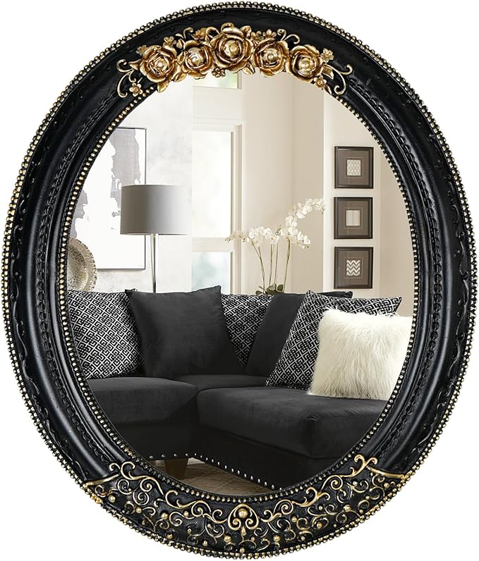 Oval Resin Vintage Mirror, Wall Mounted Decorative Mirror for Entryway, Hallway, Bedroom Oval Mirror 11.8x10 inch (Black)