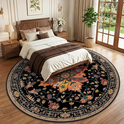 RELEANY Area Rugs Round 10ft Washable Non-Slip, Floral Vintage Distress Print Pattern Medallion Carpet for Living Room Bedroom Dining Room, Black Colorful Floral Dark Tan