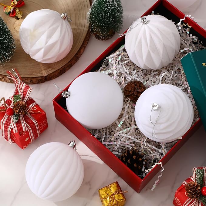 Liliful 12 Pcs Velvet Christmas Ornaments Balls, 4 Inch Flocked Plastic Christmas Tree Ball Shatterproof Hanging Ornaments Decorations for Xmas Tree Vintage Holiday Rustic Home Decor(White)