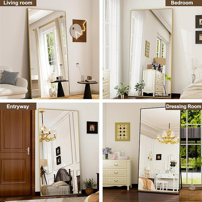 GLSLAND 76"x34" Full Length Mirror Extra Large Hanging or Leaning Rectangle Mirror Aluminum Alloy Thin Frame Bedroom Floor Dressing,Gold