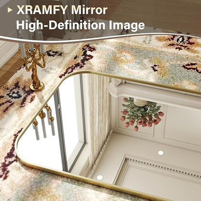 XRAMFY 77x38 Inch Floor Length Mirror with Stand, Full Length Standing Mirror for Bedroom, Full Body Tall Mirrors with Modern Aluminum Alloy Frame in Gold, Home Decor