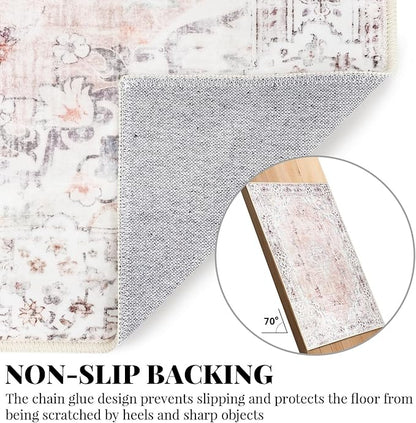 MUJOO Pink Round Rug 4ft,Circle Washable Area Rugs for Bedroom Living Room Bathroom,Boho Small Non Slip Circular Carpet,Blush Floral