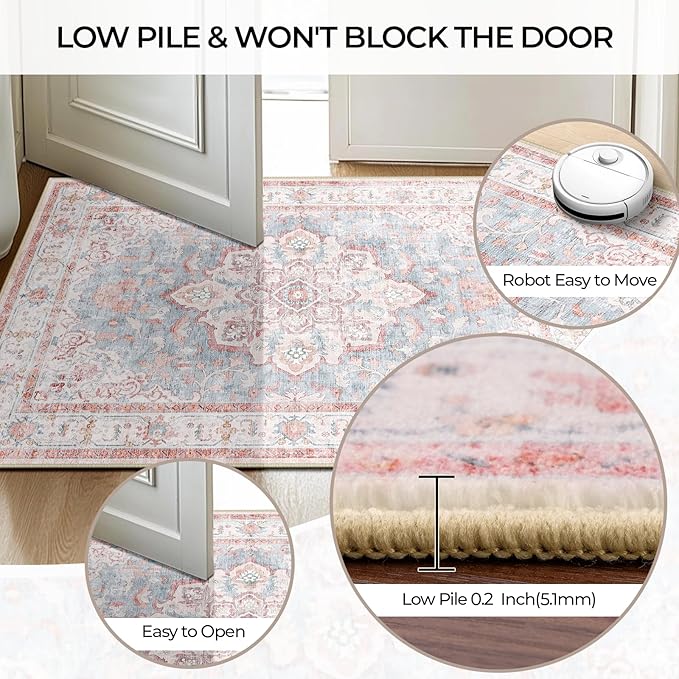 CAPALOCA Machine Washable Rugs Nursery Rug 9x12 Cute Girl Non Slip Low Pile Water Repellent Soft Print Pattern for Bedroom Indoor Decor Kids Playroom Pink Blue