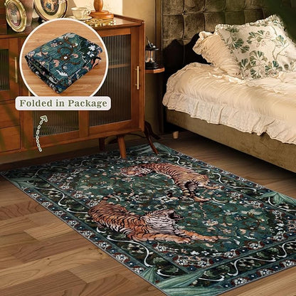 Tiger Washable Rugs 3x5ft, Green Entryway Jungle Rugs Non Slip, Soft Botanical Area Carpets for Bedroom, Low Pile Accent Floor Carpet for Kitchen Laundry Living Room Dorm Nursery Office