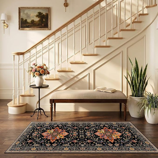 RELEANY Area Rugs 2'6"x5' Runner Rug Non Slip Washable for Kitchen Hallway Bedroom Beside Laundry Room Bathroom Rug, Floor Carpet, Black Colorful Floral Dark Tan