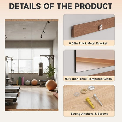 Hasipu 2Pcs 63''x28'' Home Gym Mirror Large Full Length Wall Mounted Full Body Mirror for Yoga Dance Fitness Exercise Studio Bedroom Garage, Frameless Tempered Glass Workout Mirrors Walnut Rectangular