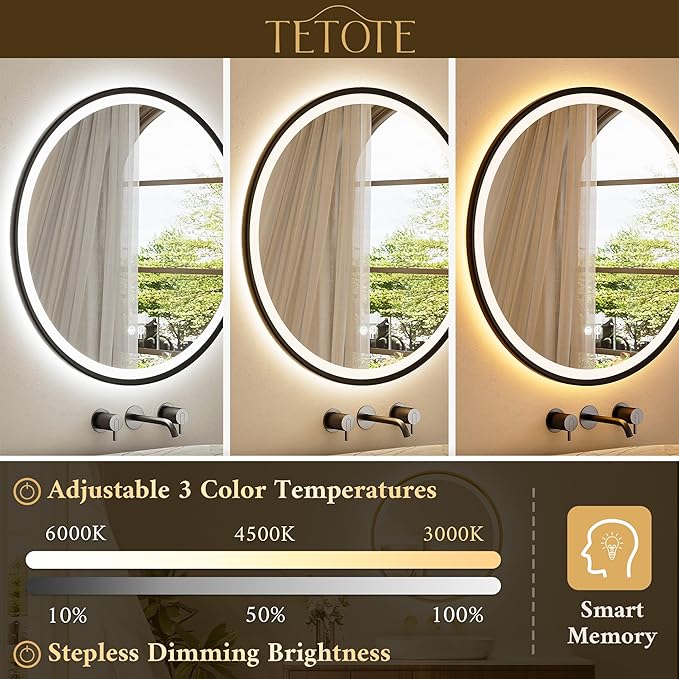 TETOTE Round Led Lighted Bathroom Mirror Matte Black Frame 36 Inch Front and Backlit Circle Round Light up Vanity Mirror with Lights, 3 Color Illuminated Dimmable Anti Fog Wall Mount, IP54 CRI 90+