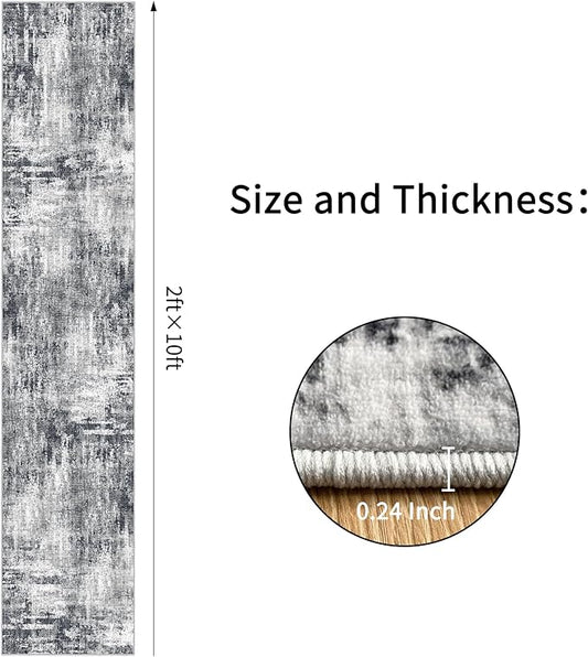 Grey Runner Rugs for Hallway: Abstract Washable Runner Rug 2x10 for Entryway Kitchen Bedroom Bathroom - Modern Cozy Home Decor Long Carpet Mat Stain-Resistant - Dark Grey