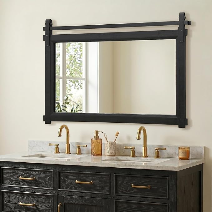 Besdomus Bathroom Black Farmhouse Mirror: 42"x28" Barn Door Rustic Solid Cedar Wood Frame - Wall Decorative Mirror for Fireplace/Living Room/Bathroom Remodel - Modern Farmhouse Decor for Homemakers